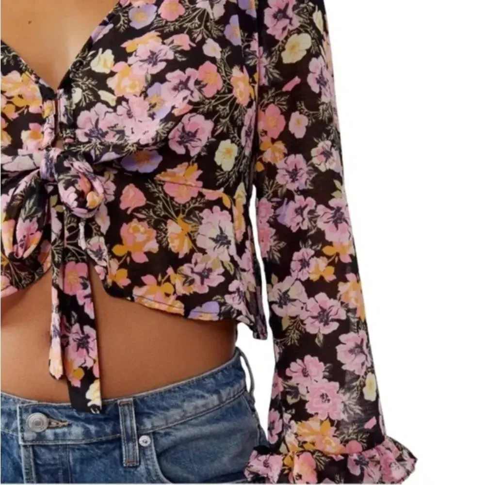Free People Maybel Floral Ruffle Crop Top Women's Size Small